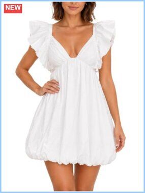 Mini Dress Deep V-Neck Babydoll Backless Lace Up Short Summer Dress
